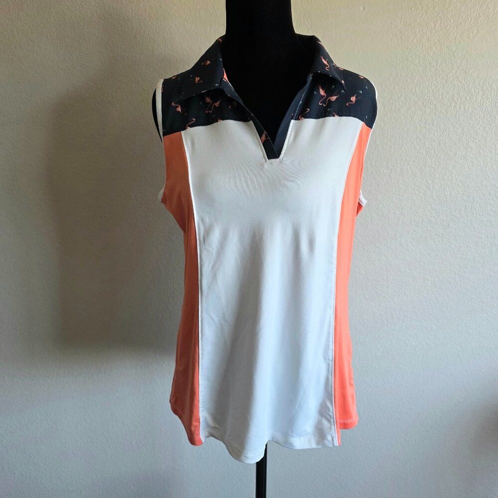 IZOD Golf Women's M Jersey Shirt Sleeveless Pink Flamingos Conversation Polo